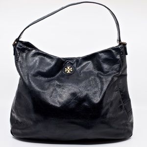 TORY BURCH~Dena~BLACK GLAZED LEATHER HOBO SHOULDER BAG